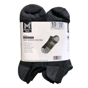 Member's Mark Men's Athletic No Show Socks, 10 Pack, Shoe Size 6-12 - Black
